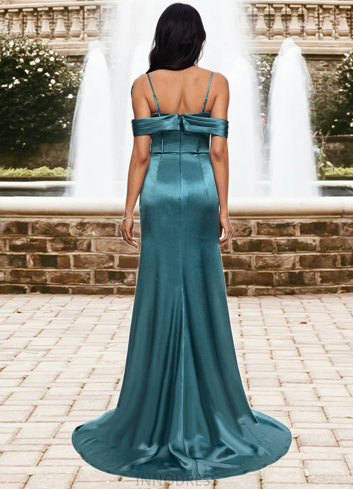 Alia Trumpet/Mermaid V-Neck Sweep Train Stretch Satin Prom Dresses With Beading Rhinestone Sequins DPP0022213