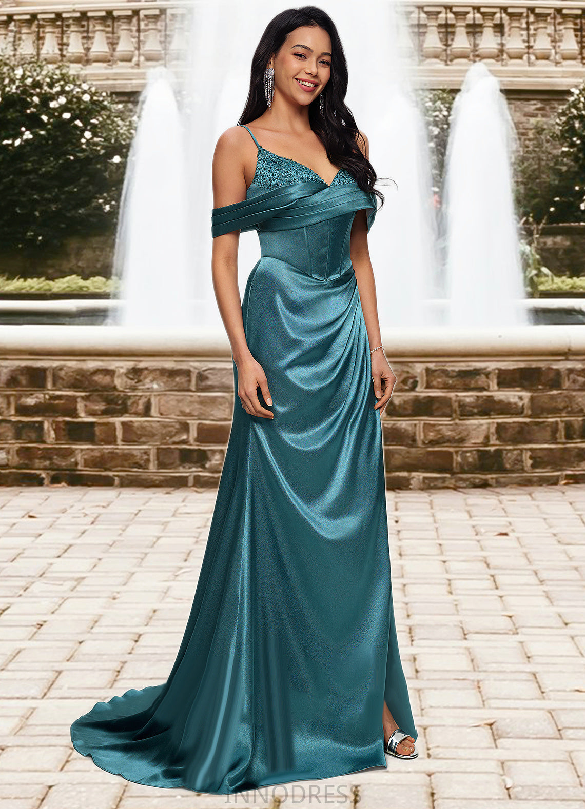 Alia Trumpet/Mermaid V-Neck Sweep Train Stretch Satin Prom Dresses With Beading Rhinestone Sequins DPP0022213