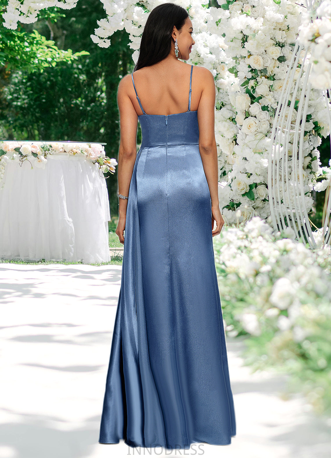 Marisol Sheath/Column V-Neck Floor-Length Stretch Satin Prom Dresses With Pleated DPP0022214