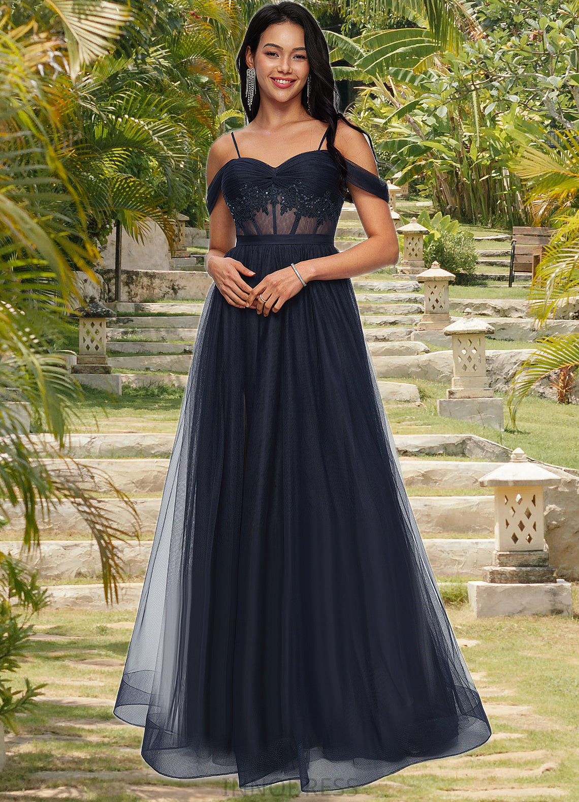 Cecilia Ball-Gown/Princess Off the Shoulder Floor-Length Tulle Prom Dresses With Appliques Lace Sequins DPP0022221