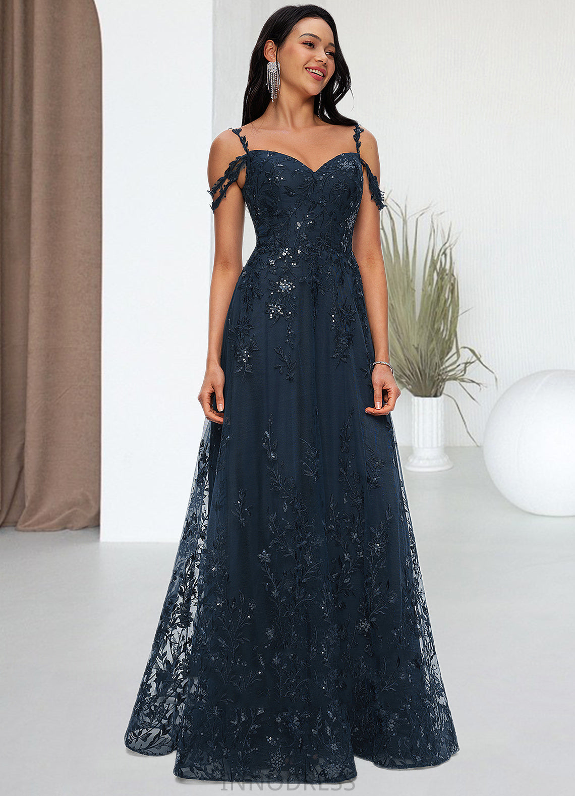 Louise A-line V-Neck Floor-Length Lace Prom Dresses With Sequins DPP0022222