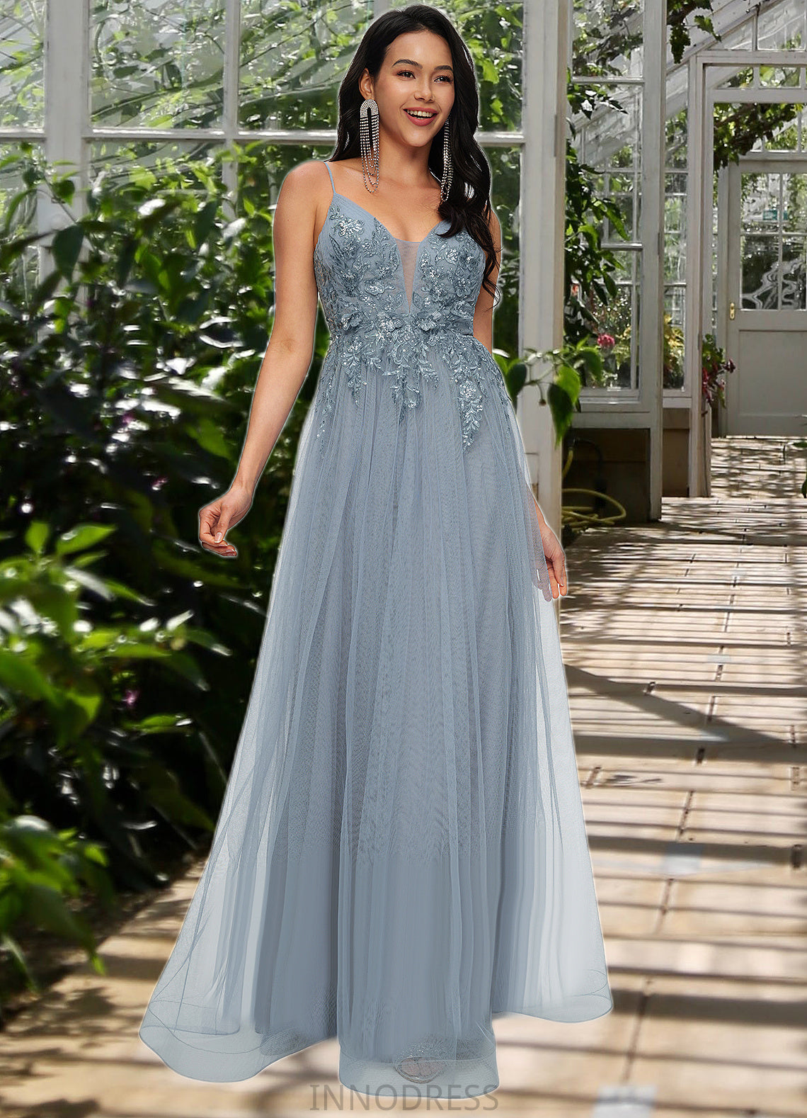 Aria A-line V-Neck Floor-Length Tulle Prom Dresses With Appliques Lace Sequins DPP0022223