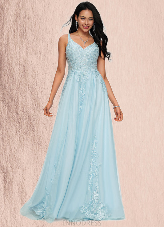 Arianna A-line V-Neck Floor-Length Tulle Prom Dresses With Rhinestone Appliques Lace Sequins DPP0022225