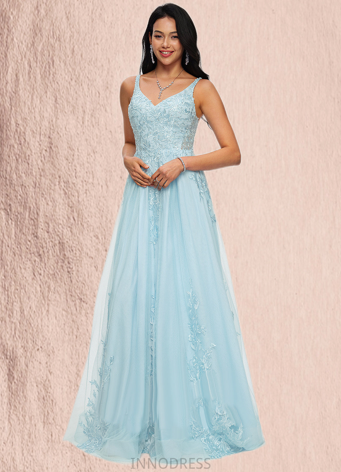 Arianna A-line V-Neck Floor-Length Tulle Prom Dresses With Rhinestone Appliques Lace Sequins DPP0022225