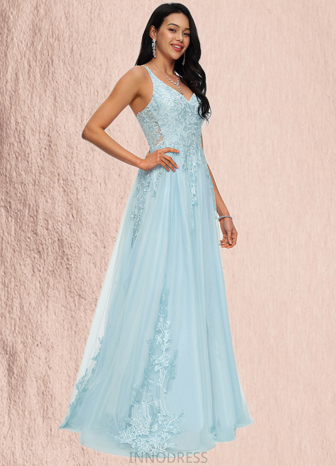 Arianna A-line V-Neck Floor-Length Tulle Prom Dresses With Rhinestone Appliques Lace Sequins DPP0022225