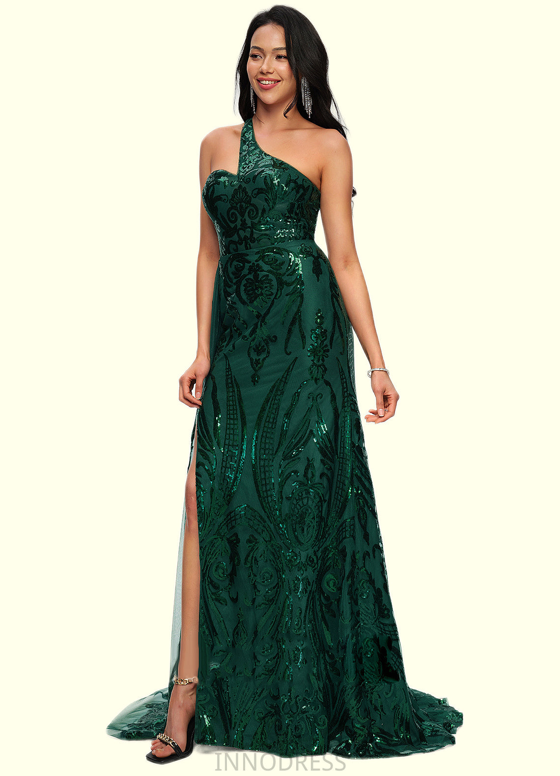 Adeline Trumpet/Mermaid One Shoulder Sweep Train Sequin Prom Dresses With Sequins DPP0022226