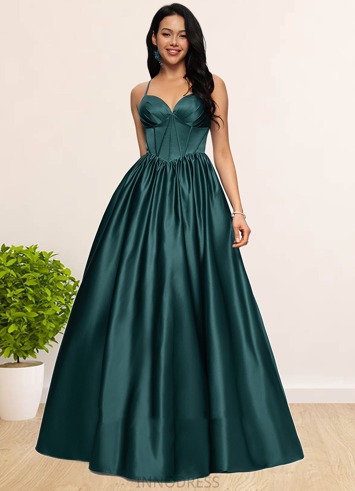 Viola Ball-Gown/Princess V-Neck Floor-Length Satin Prom Dresses With Pleated DPP0022230