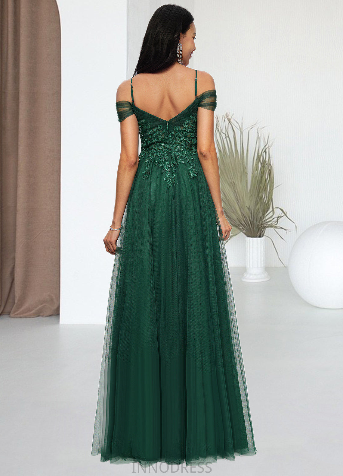 Ayla A-line Off the Shoulder Floor-Length Tulle Prom Dresses With Appliques Lace Sequins DPP0022231