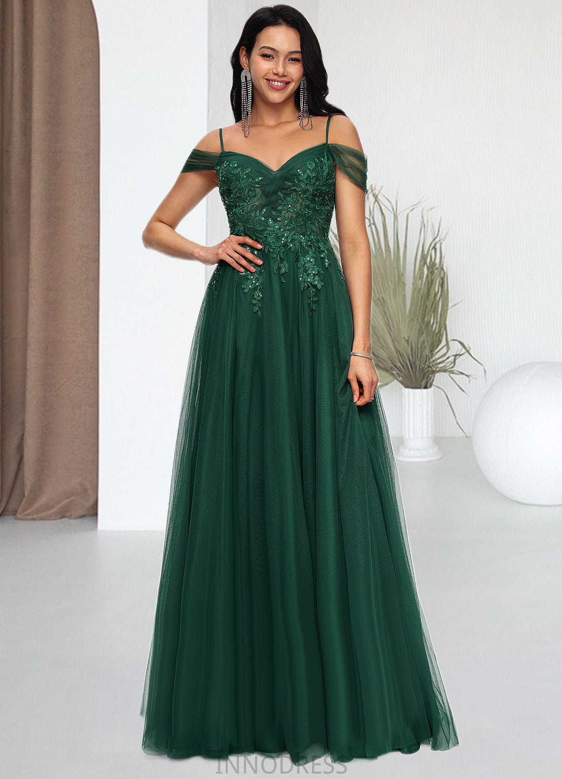 Ayla A-line Off the Shoulder Floor-Length Tulle Prom Dresses With Appliques Lace Sequins DPP0022231