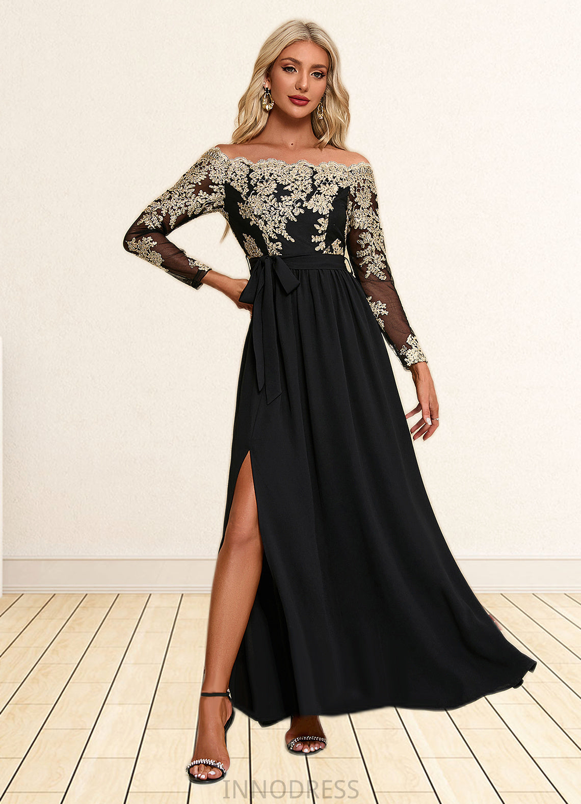 Haley Jacquard Off the Shoulder Elegant A-line Polyester Maxi Dresses DPP0022248