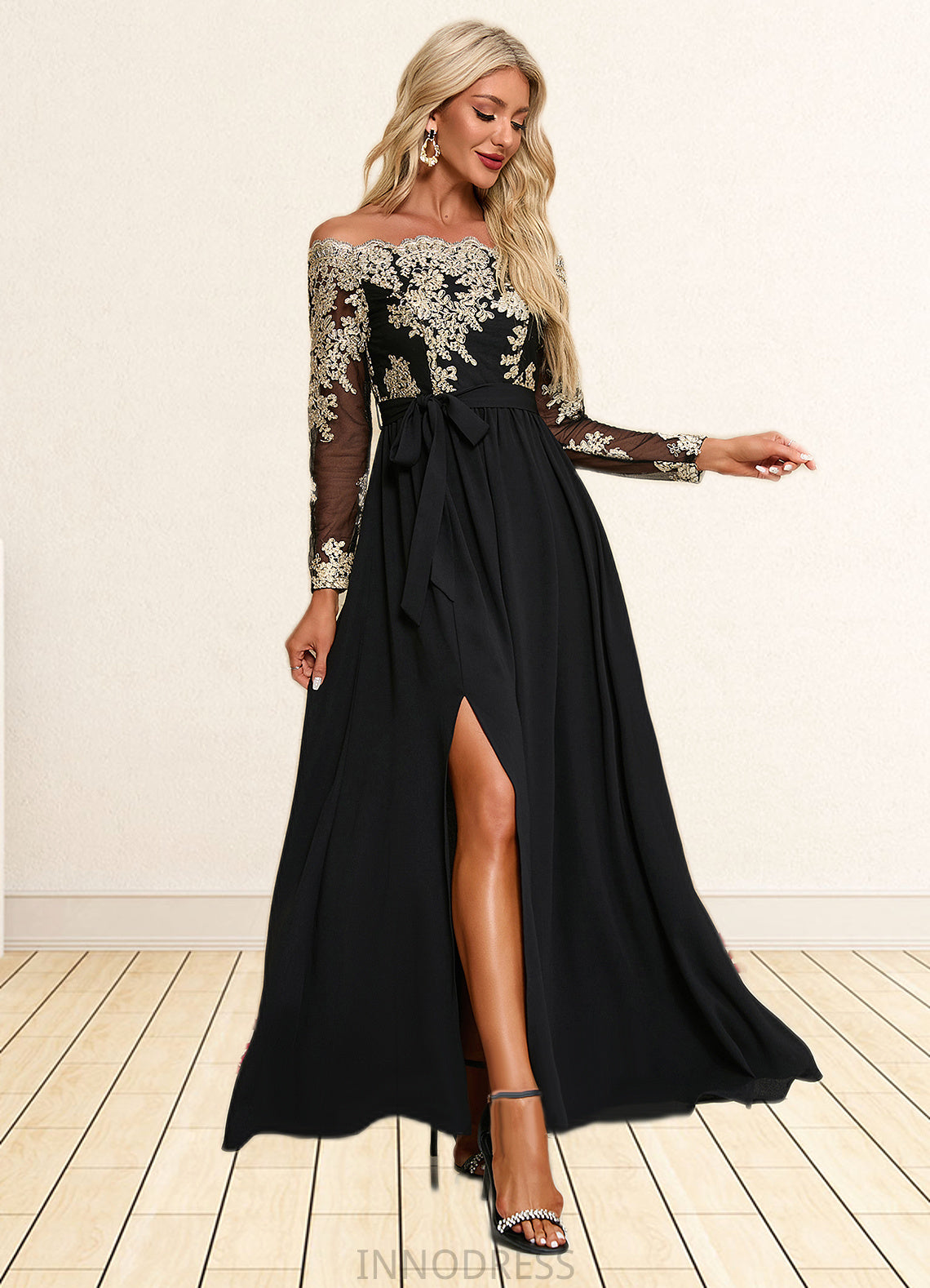 Haley Jacquard Off the Shoulder Elegant A-line Polyester Maxi Dresses DPP0022248