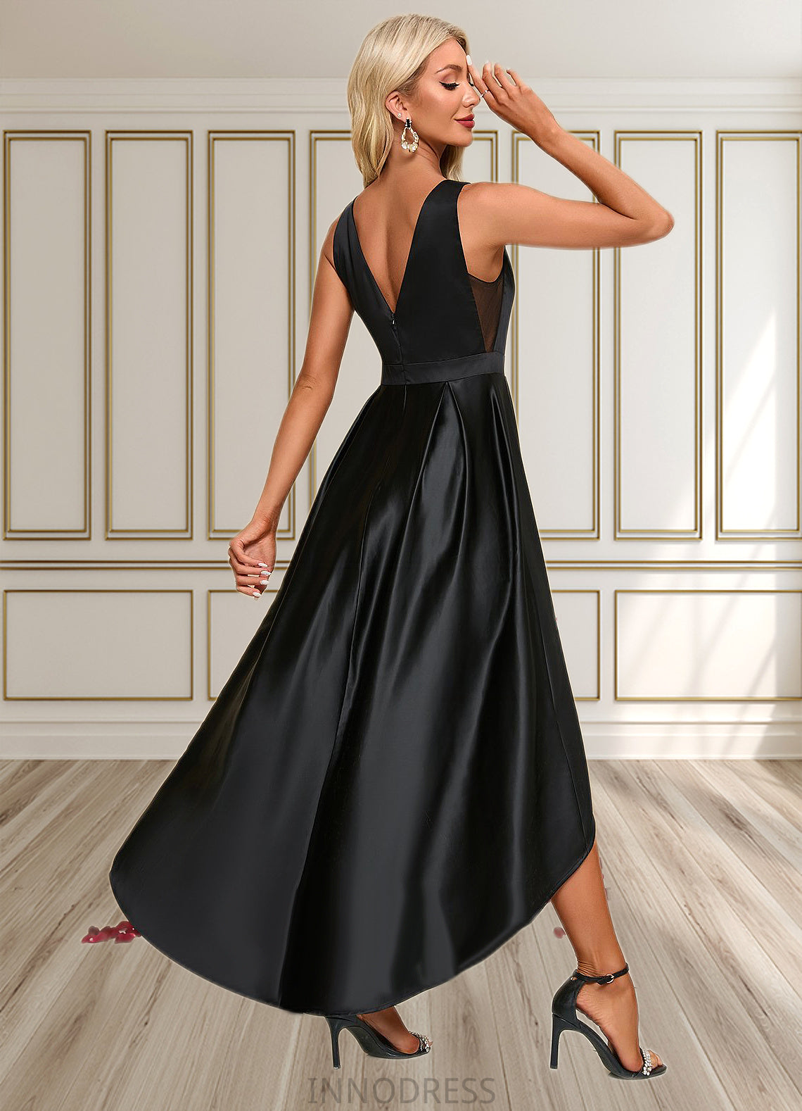 Jacqueline Boat Neck Elegant A-line Satin Asymmetrical Dresses DPP0022257