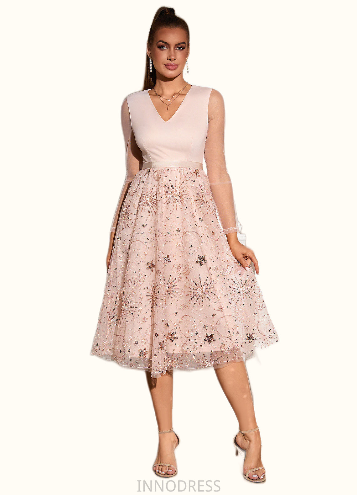 Taniya Sequins V-Neck Elegant A-line Tulle Midi Dresses DPP0022314