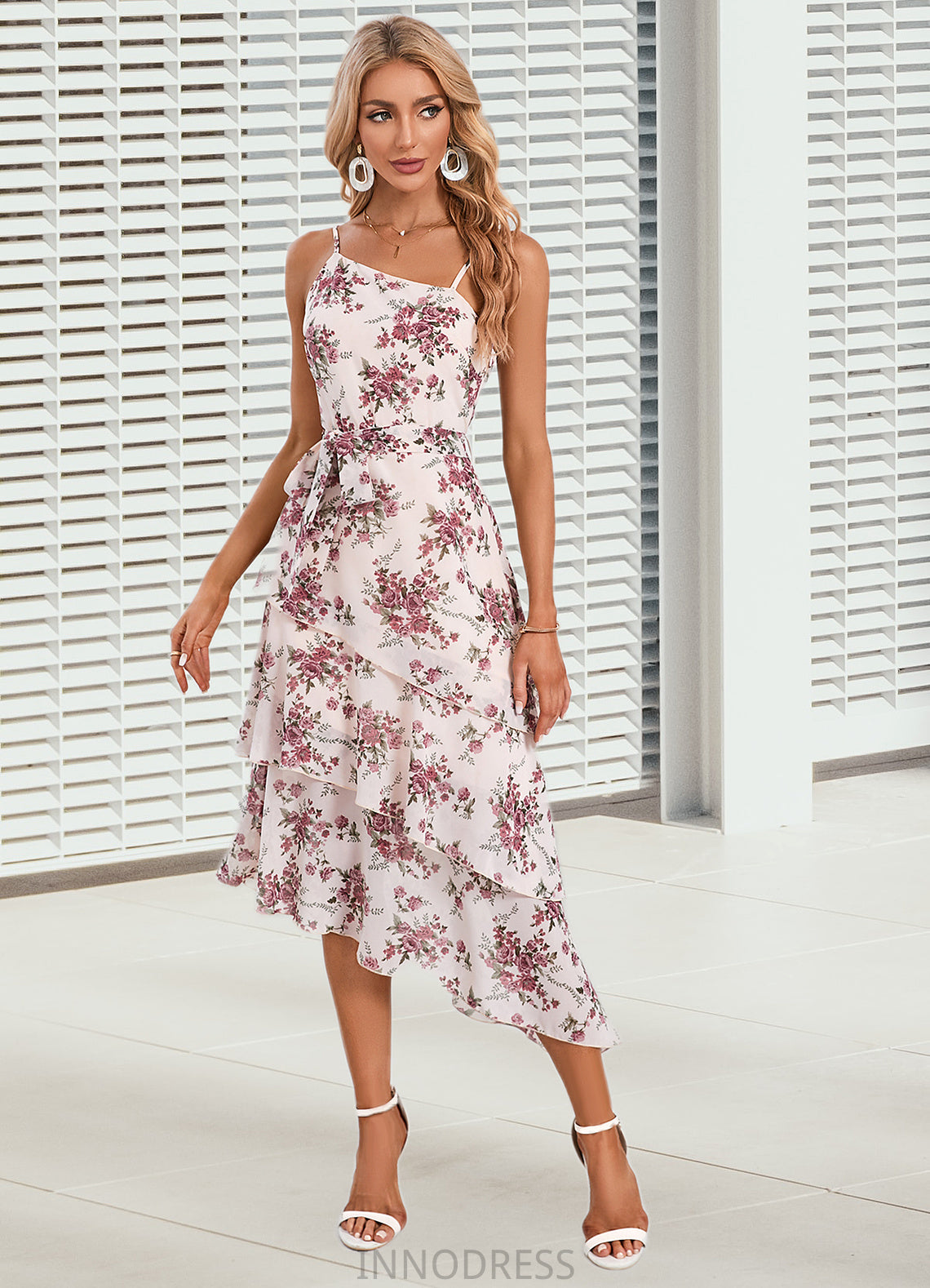 Abby Floral Print Asymmetrical Elegant A-line Chiffon Asymmetrical Dresses DPP0022338