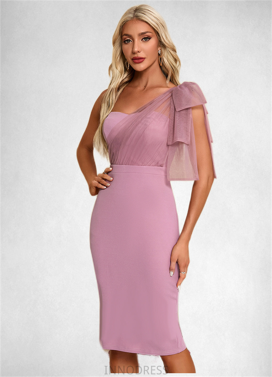 Katherine One Shoulder Elegant Sheath/Column Polyester Tulle Midi Dresses DPP0022343