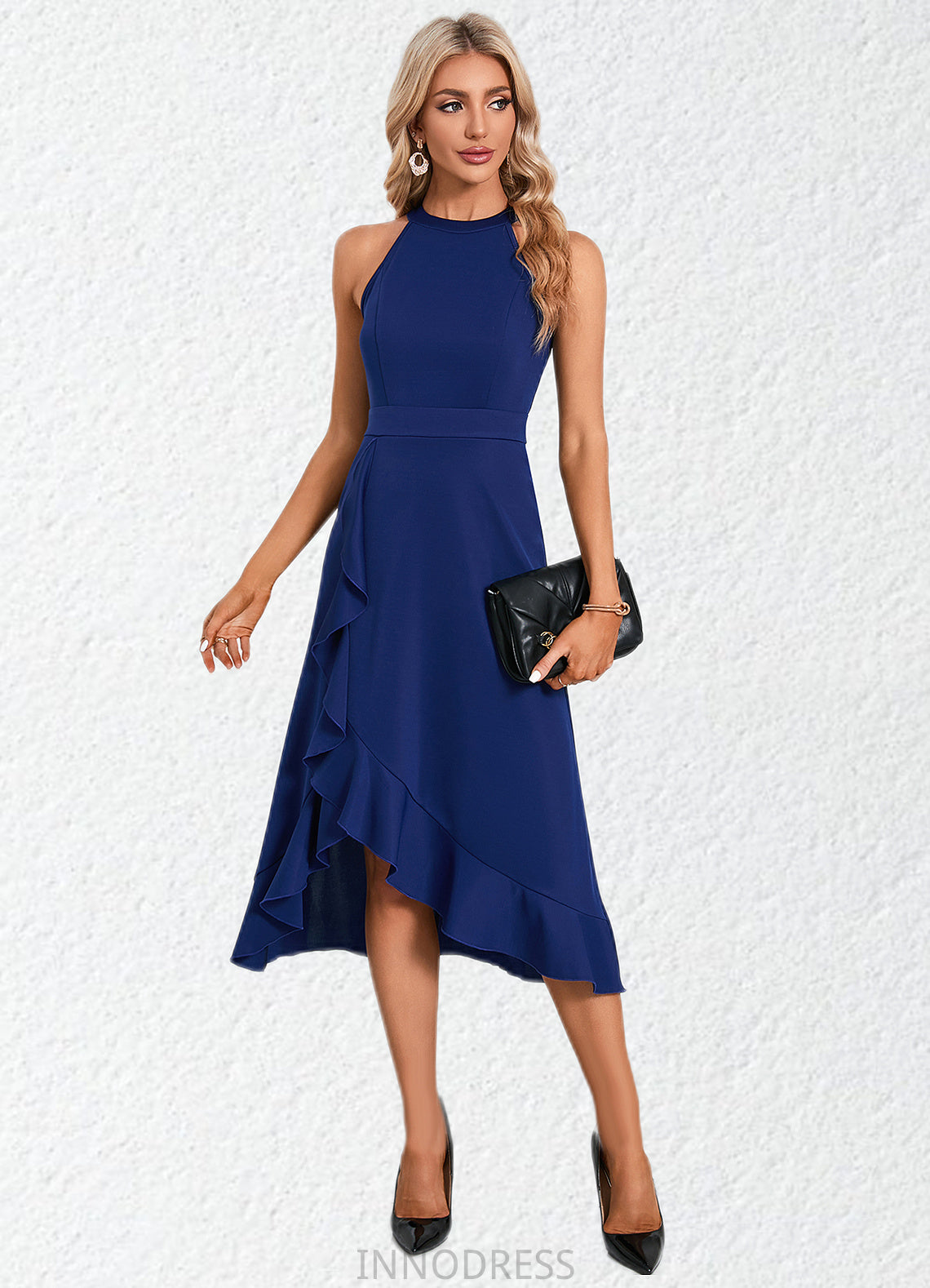 Itzel Cascading Ruffles High Neck Elegant A-line Cotton Blends Asymmetrical Midi Dresses DPP0022353