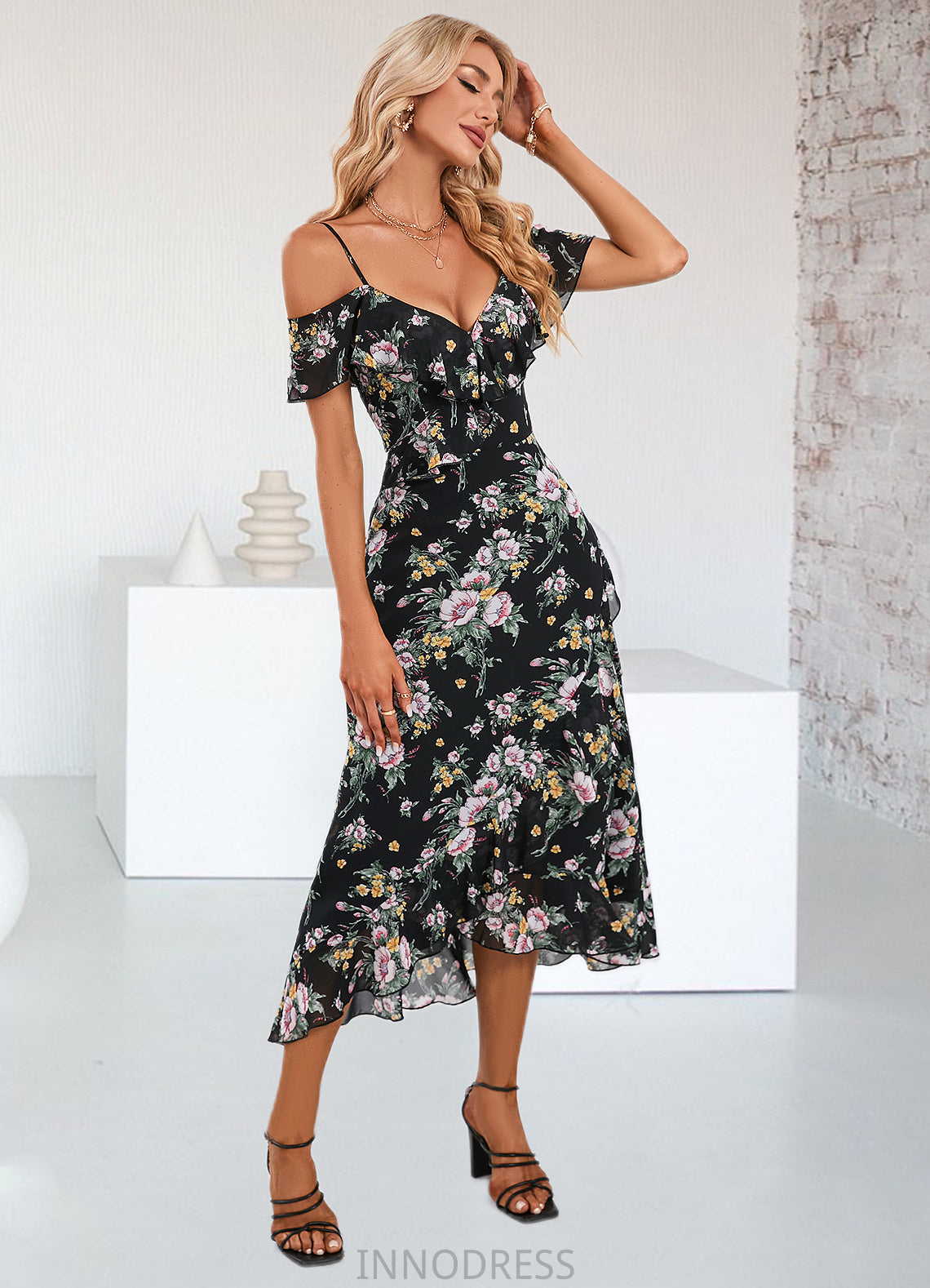 Quintina Floral Print Cold Shoulder Elegant A-line Chiffon Asymmetrical Dresses DPP0022369