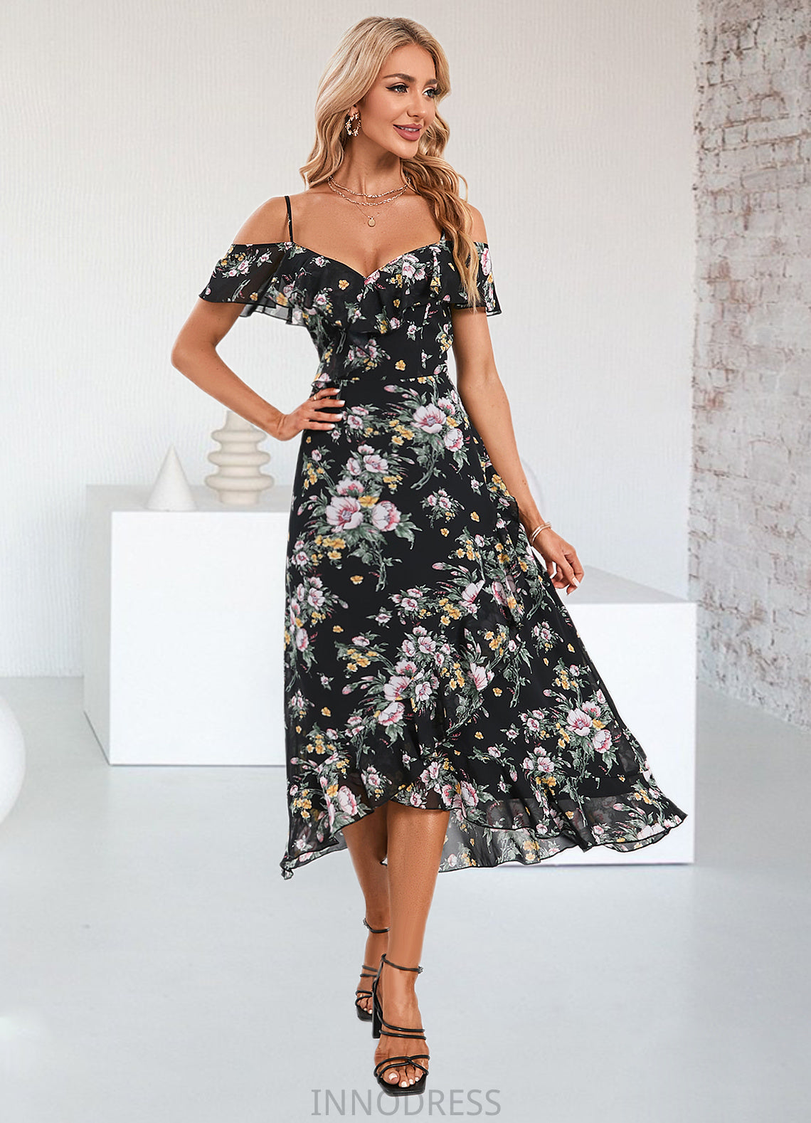 Quintina Floral Print Cold Shoulder Elegant A-line Chiffon Asymmetrical Dresses DPP0022369