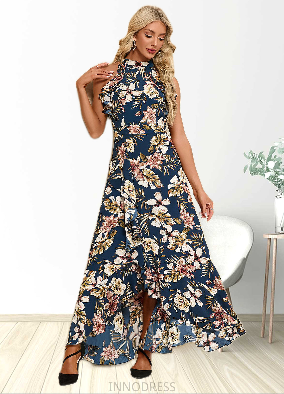 Jakayla Ruffle Floral Print High Neck Elegant A-line Polyester Asymmetrical Dresses DPP0022373