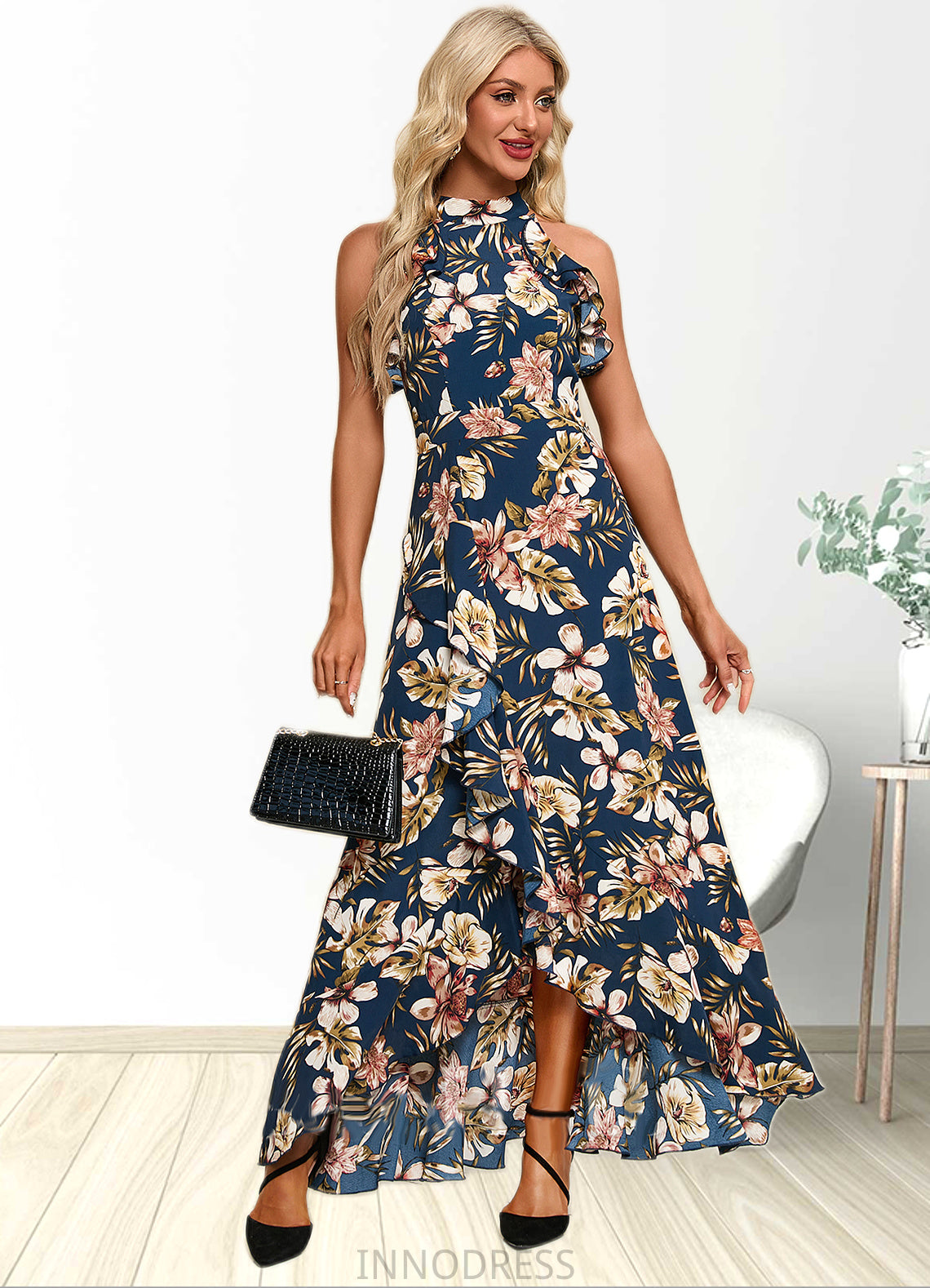 Jakayla Ruffle Floral Print High Neck Elegant A-line Polyester Asymmetrical Dresses DPP0022373