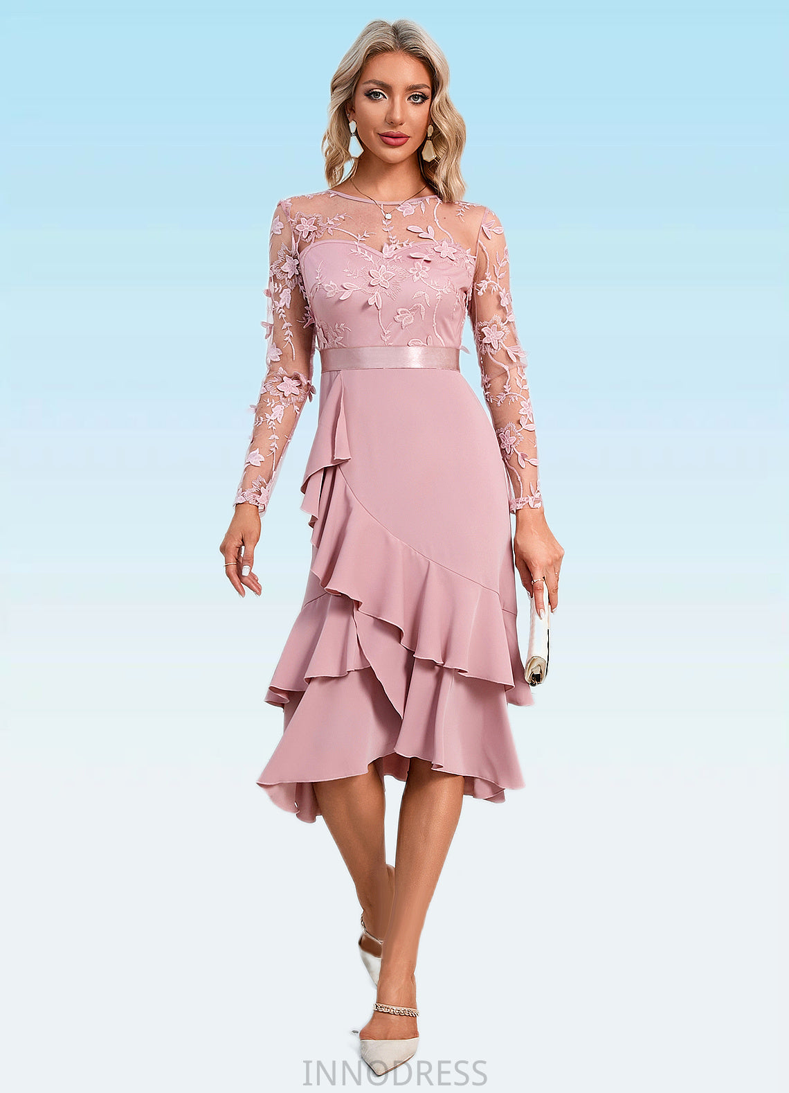 Elle Flower Cascading Ruffles Illusion Elegant A-line Jacquard Asymmetrical Dresses DPP0022393