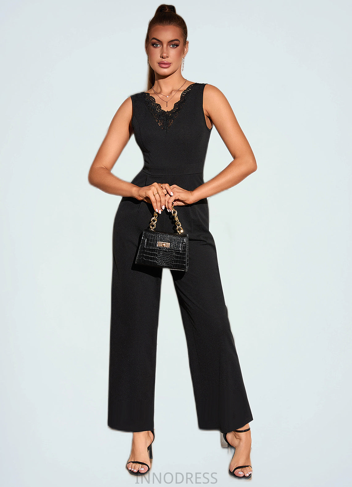 Alia Jacquard V-Neck Elegant Jumpsuit/Pantsuit Polyester Maxi Dresses DPP0022404