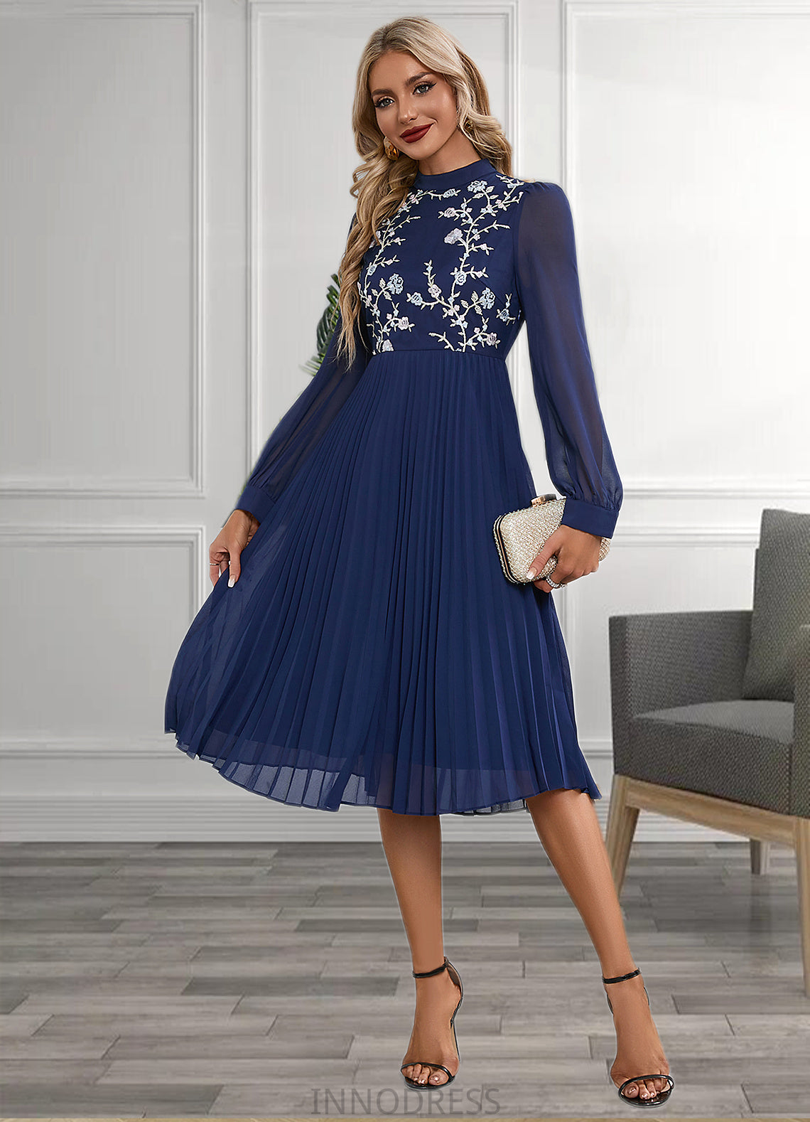 Jaylah Pleated High Neck Elegant A-line Chiffon Midi Dresses DPP0022416