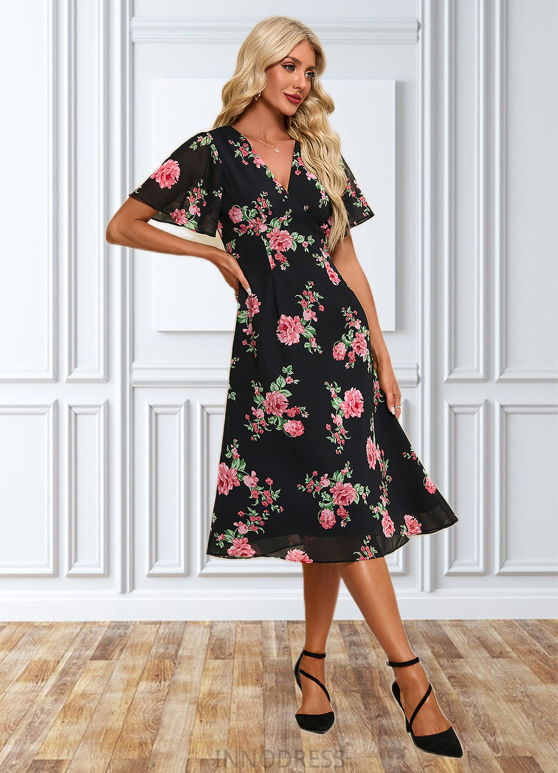 Jackie Floral Print V-Neck Elegant A-line Chiffon Midi Dresses DPP0022424