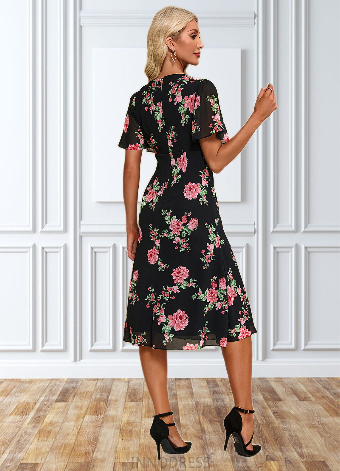 Jackie Floral Print V-Neck Elegant A-line Chiffon Midi Dresses DPP0022424