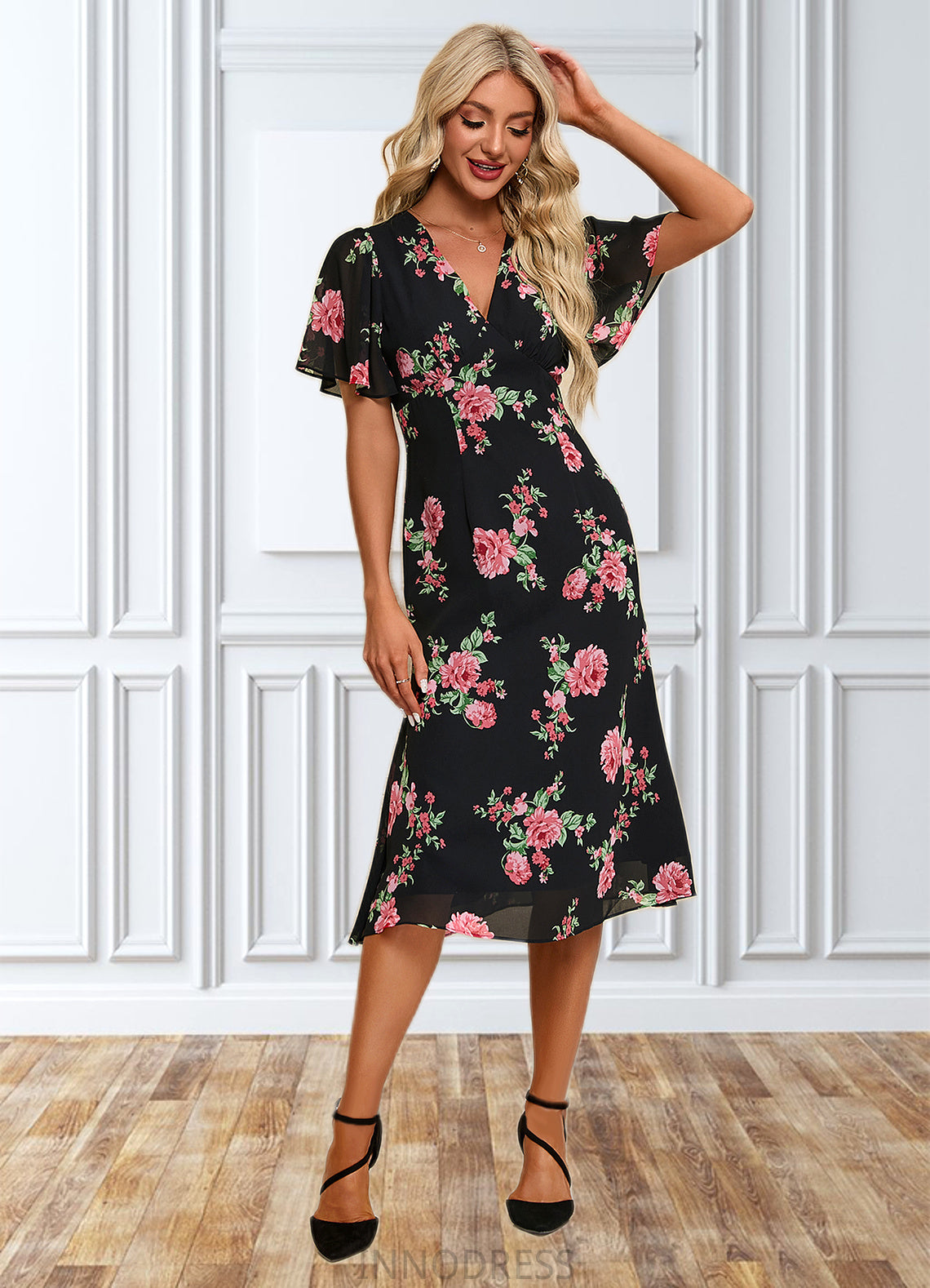 Jackie Floral Print V-Neck Elegant A-line Chiffon Midi Dresses DPP0022424