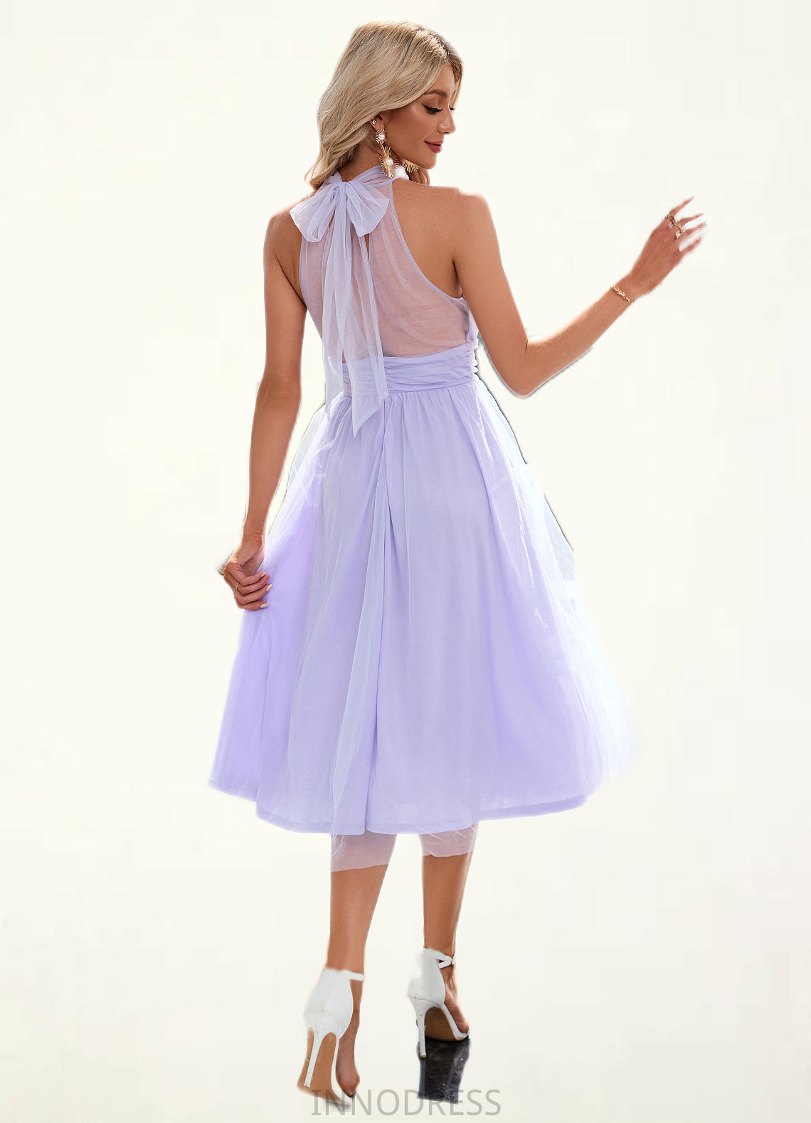 Makayla Ruffle High Neck Sexy A-line Tulle Midi Dresses DPP0022441