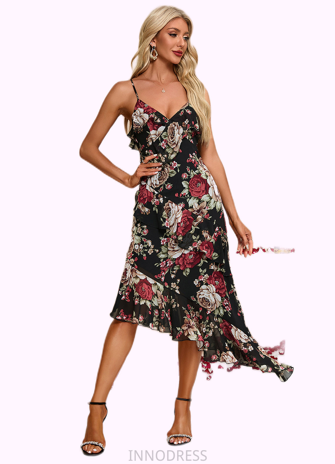 Yareli Ruffle Floral Print V-Neck Elegant A-line Chiffon Asymmetrical Dresses DPP0022447