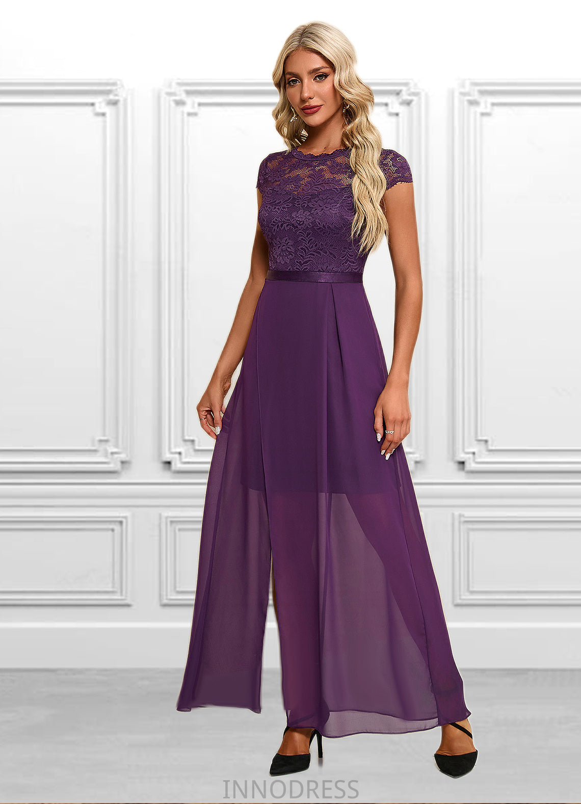 Jaliyah Illusion Elegant A-line Chiffon Lace Maxi Dresses DPP0022451