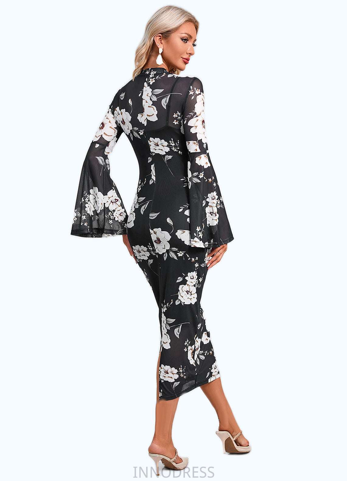 Lilith Floral Print High Neck Elegant Bodycon Spandex Midi Dresses DPP0022470