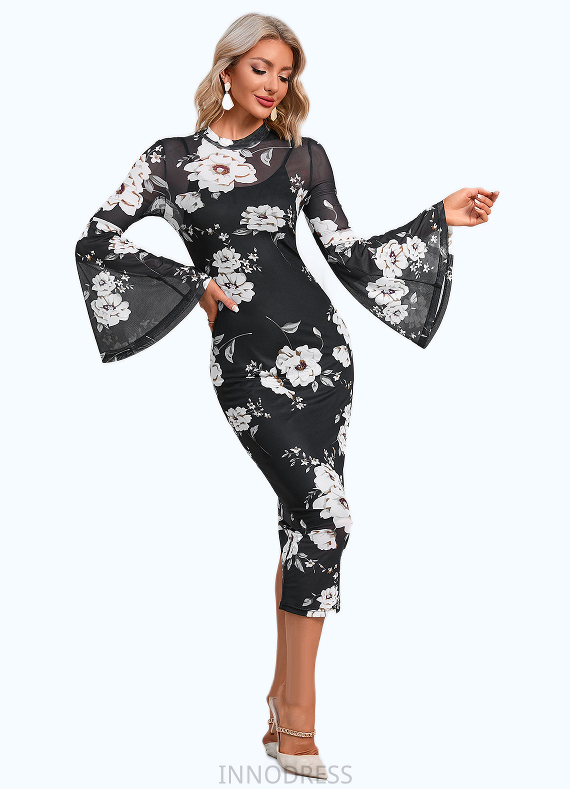 Lilith Floral Print High Neck Elegant Bodycon Spandex Midi Dresses DPP0022470