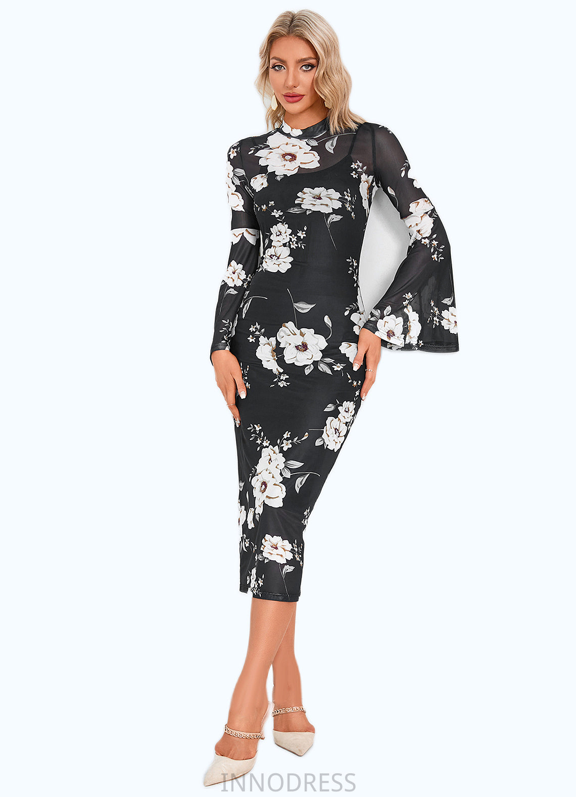 Lilith Floral Print High Neck Elegant Bodycon Spandex Midi Dresses DPP0022470