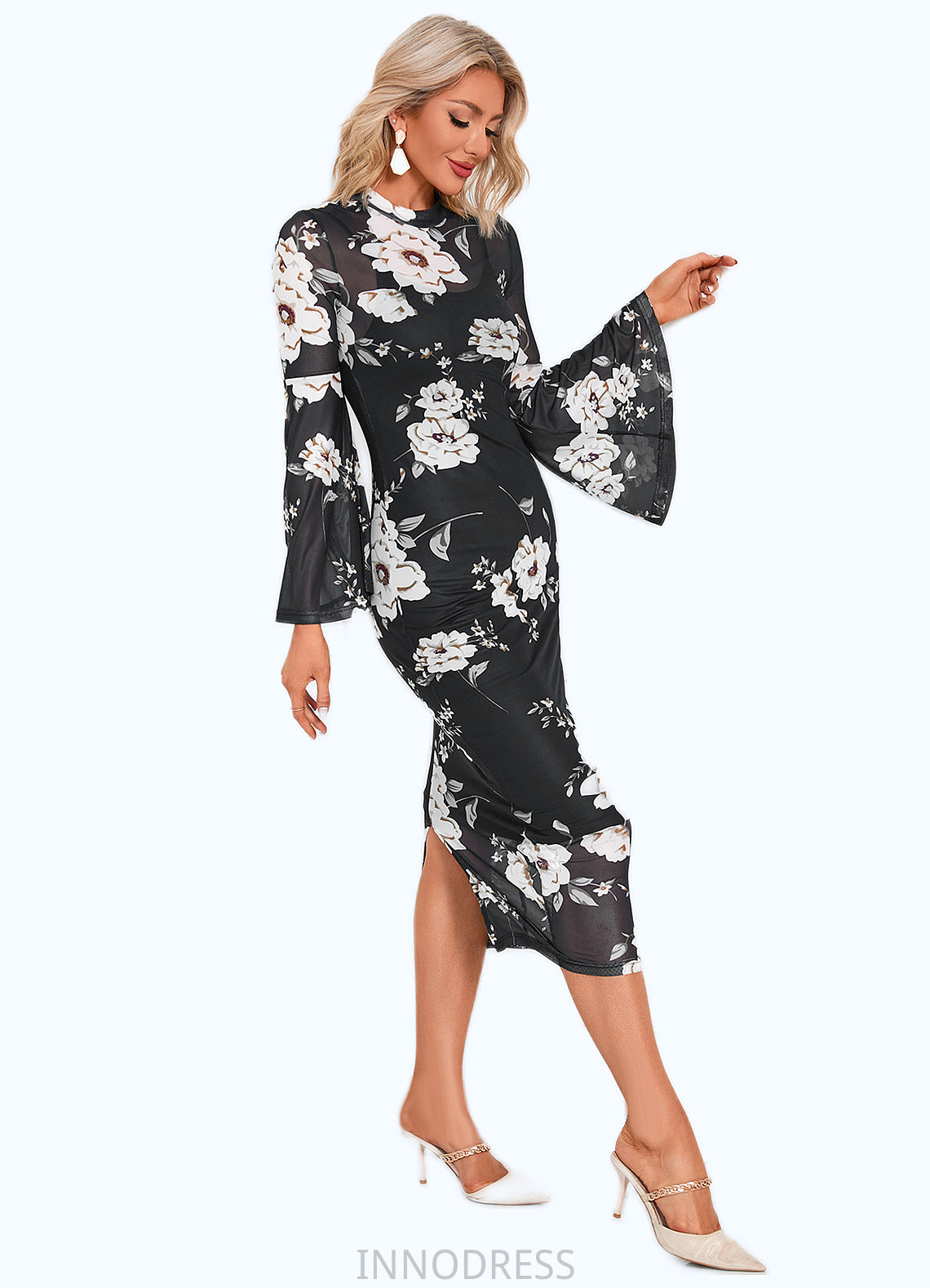 Lilith Floral Print High Neck Elegant Bodycon Spandex Midi Dresses DPP0022470