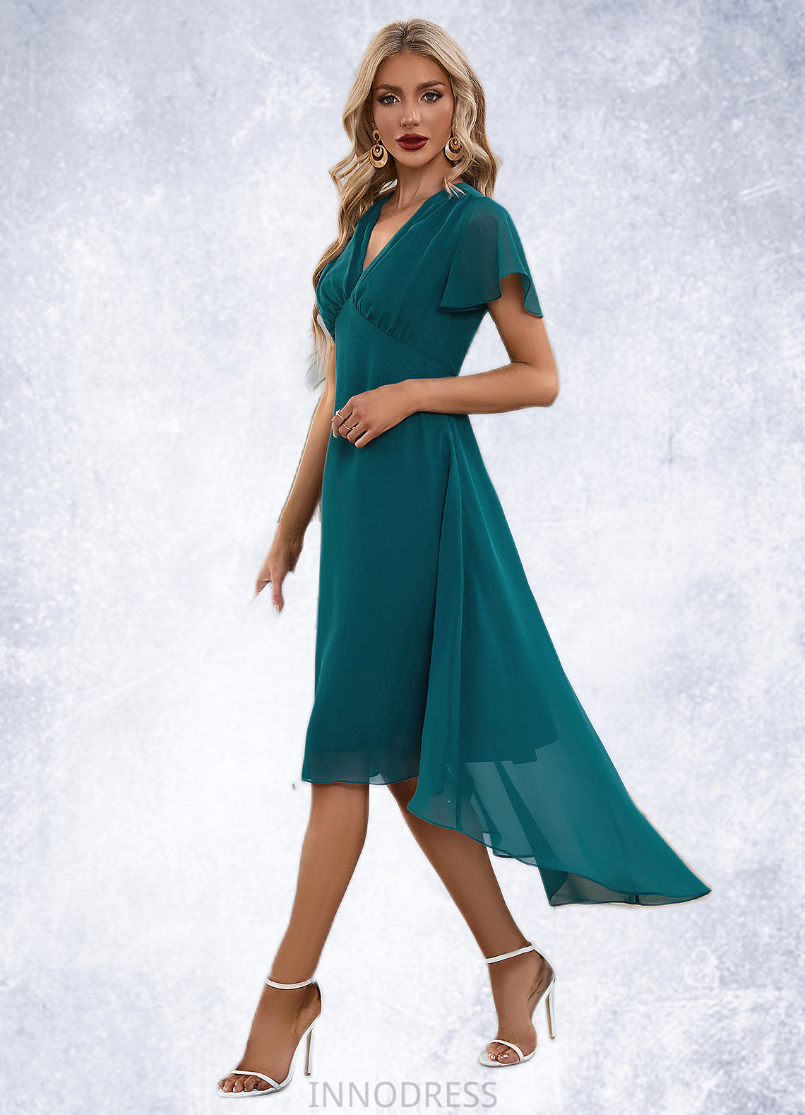 Lynn V-Neck Elegant A-line Chiffon Asymmetrical Midi Dresses DPP0022495