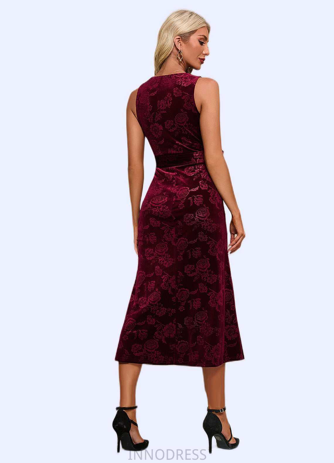 Mckayla Flower V-Neck Elegant A-line Velvet Midi Dresses DPP0022504