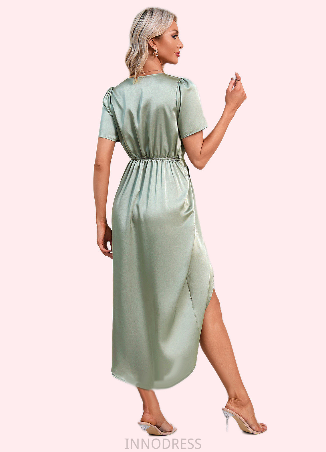 Summer Ruffle V-Neck Elegant Sheath/Column Satin Dresses DPP0022510