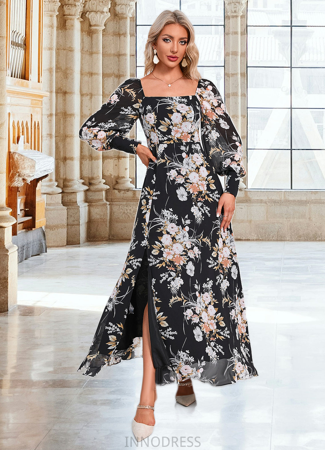 Sydney Floral Print Off the Shoulder Elegant A-line Chiffon Maxi Dresses DPP0022515