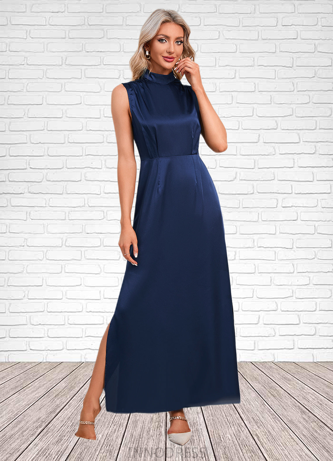 Chaya High Neck Elegant A-line Satin Maxi Dresses DPP0022520