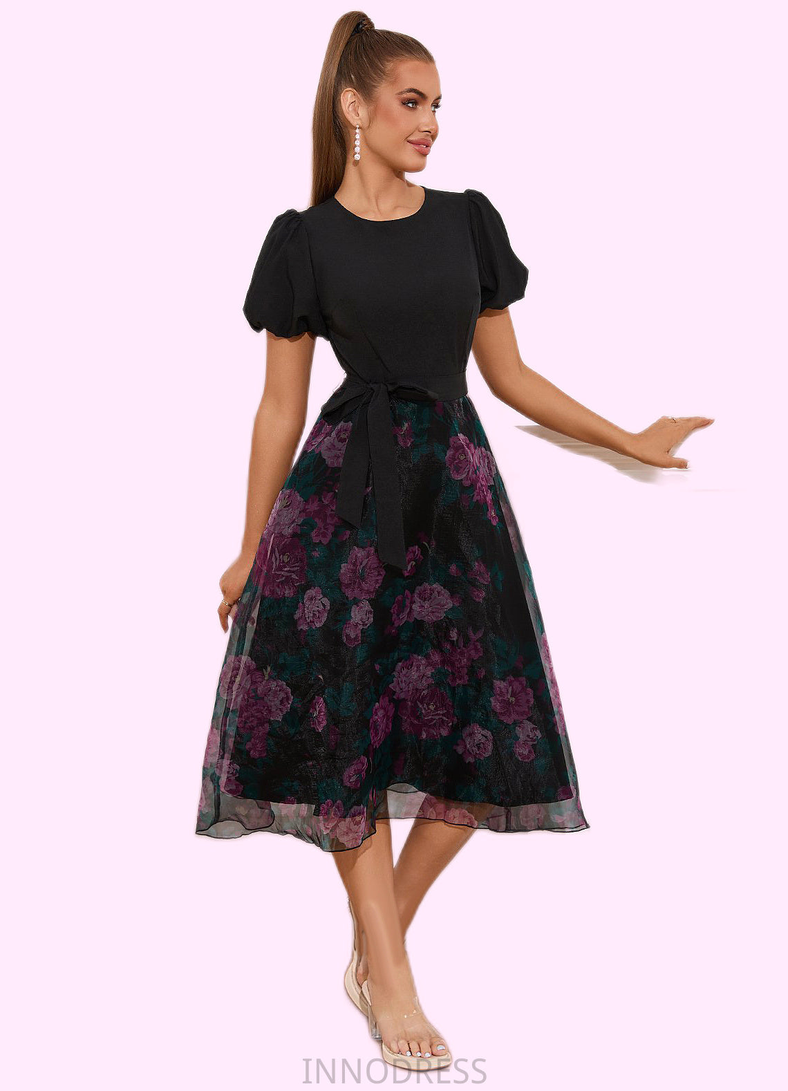 Bria Floral Print Scoop Elegant A-line Organza Midi Dresses DPP0022527