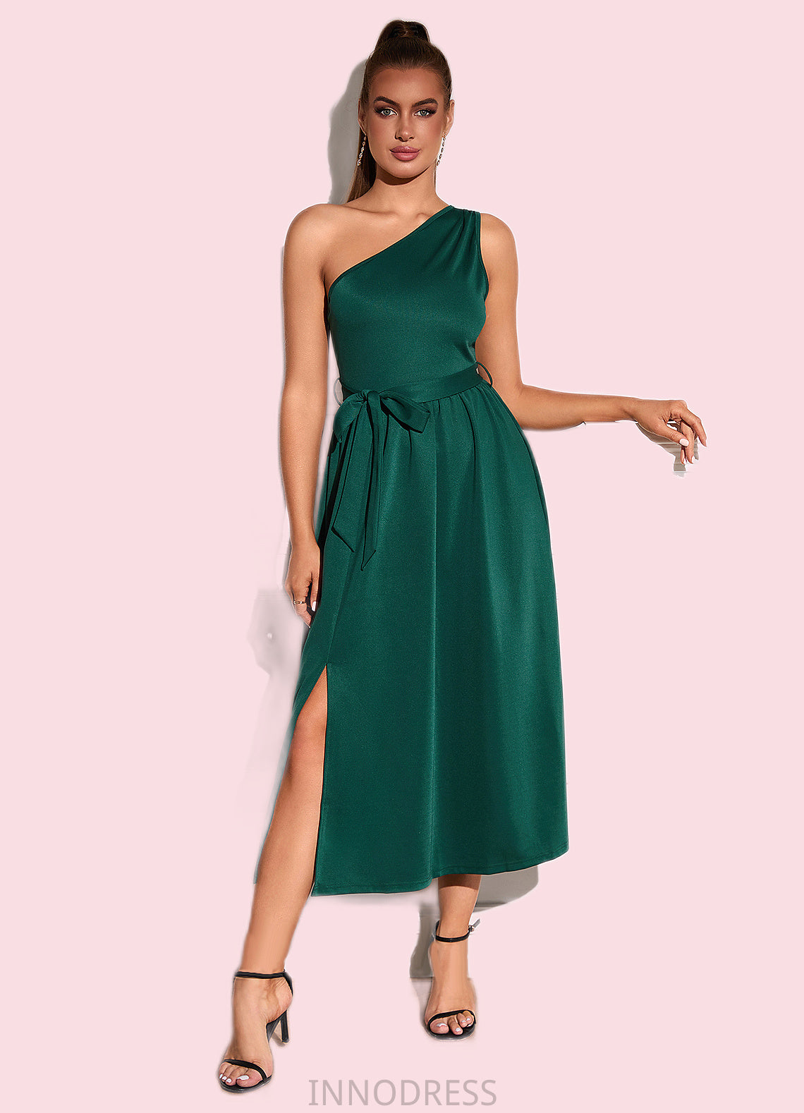 Katie One Shoulder Vacation A-line Cotton Blends Midi Dresses DPP0022529