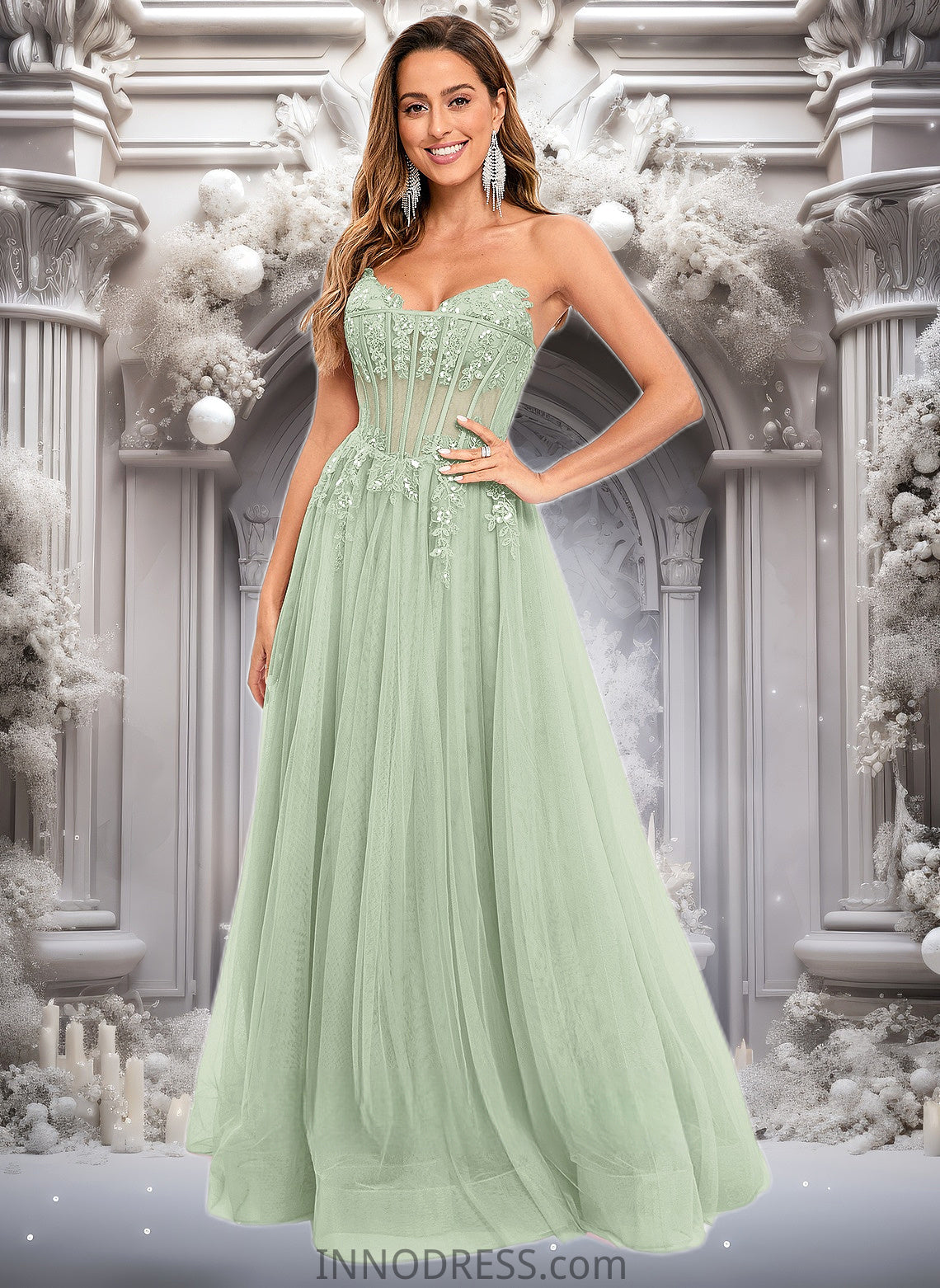 Ina Ball-Gown/Princess V-Neck Floor-Length Tulle Prom Dresses With Sequins Appliques Lace DPP0025837