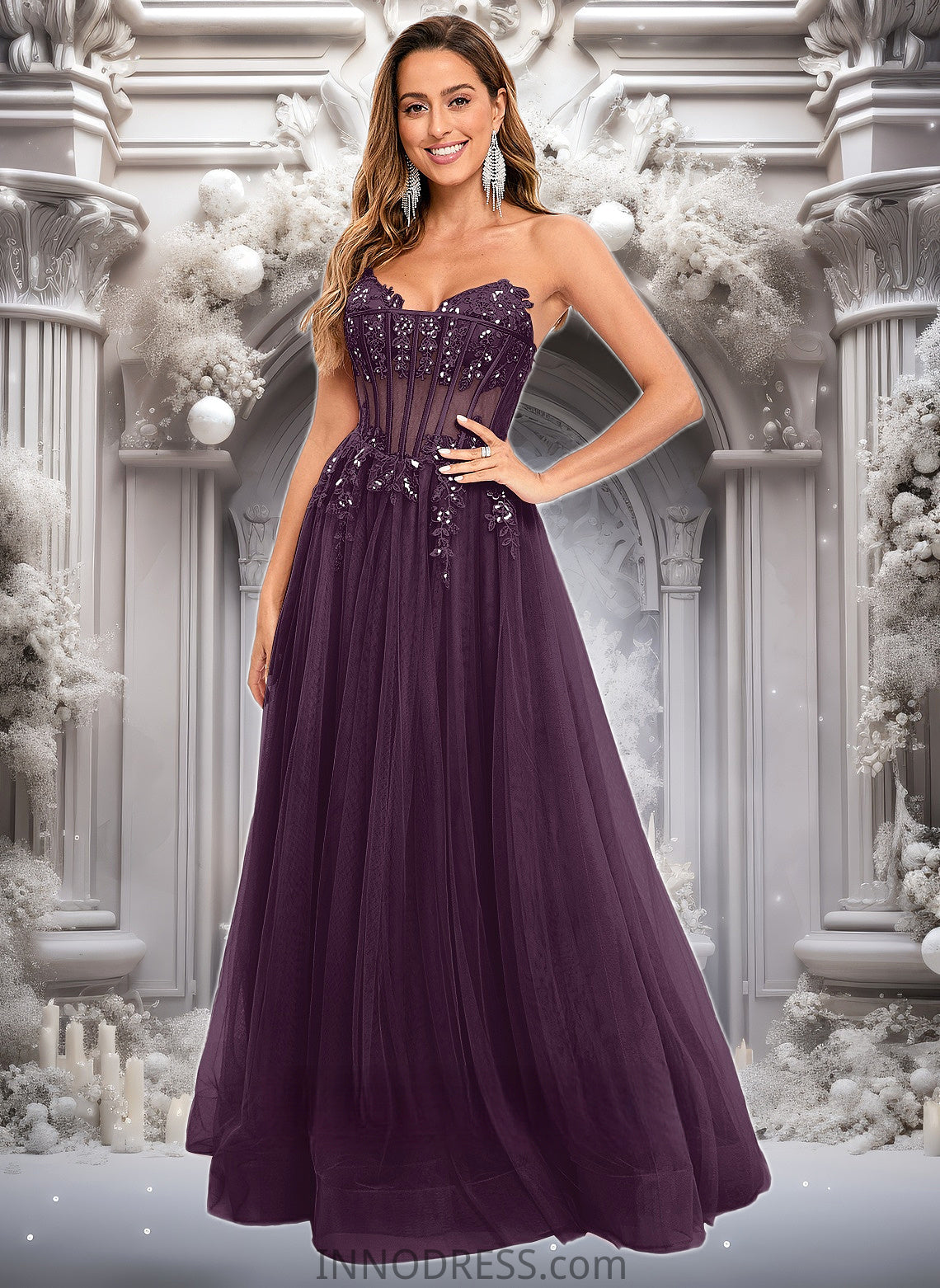 Ina Ball-Gown/Princess V-Neck Floor-Length Tulle Prom Dresses With Sequins Appliques Lace DPP0025837