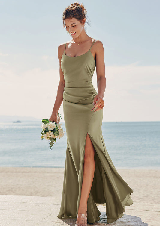 Trumpet/Mermaid Scoop Neck Sleeveless Floor-Length Stretch Satin Bridesmaid Dresses with Pleated Split Janiya DPP0025219