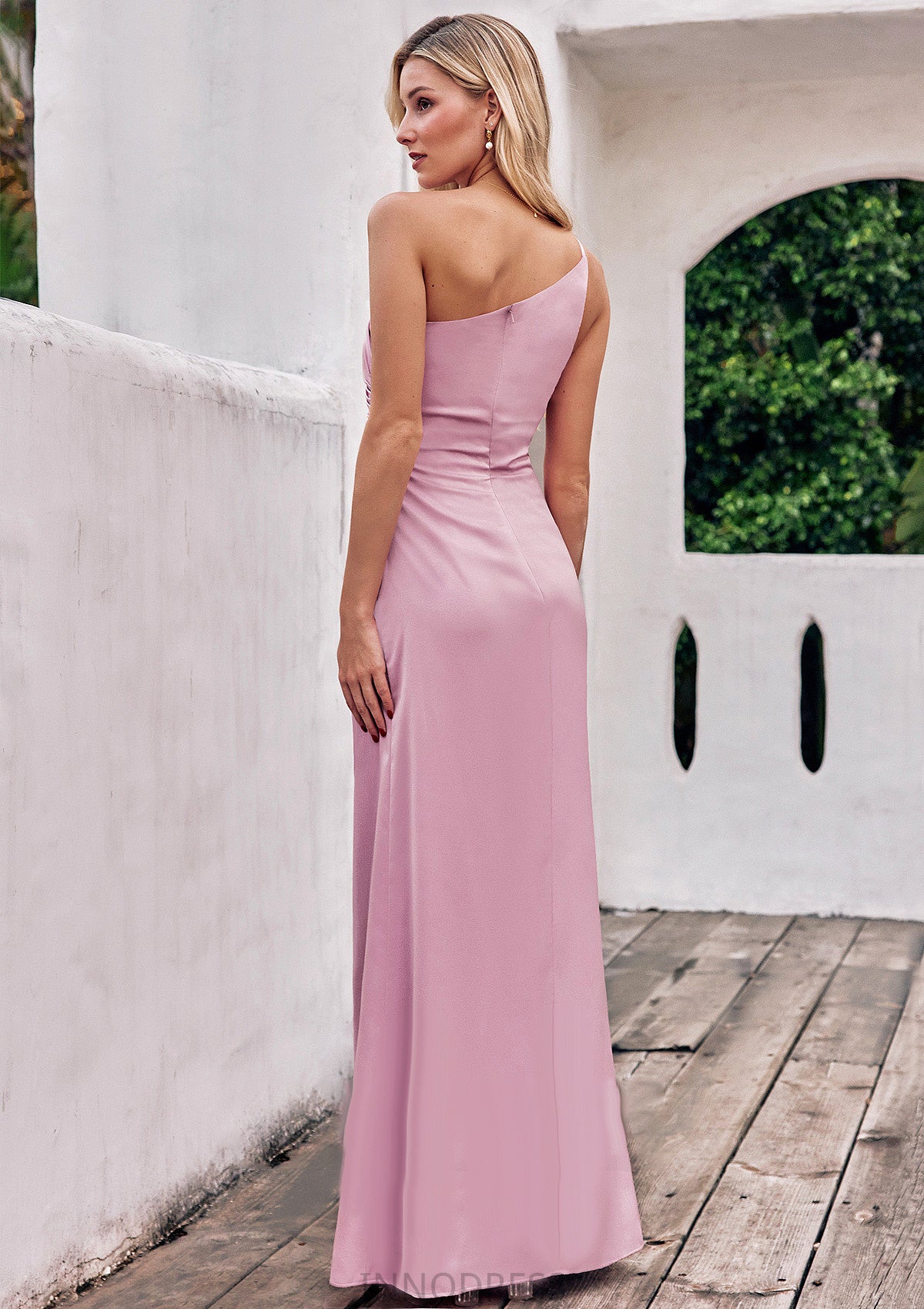 Sheath/Column One-Shoulder Sleeveless Floor-Length Stretch Satin Bridesmaid Dresses with Pleated Ryan DPP0025221