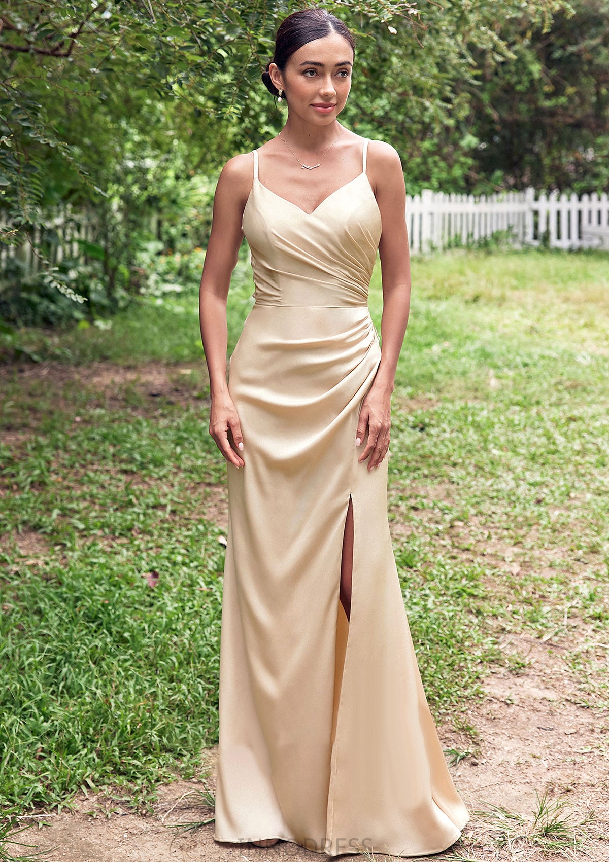 Sheath/Column V Neck Sleeveless Floor-Length Stretch Satin Bridesmaid Dresses with Pleated Split Diya DPP0025222