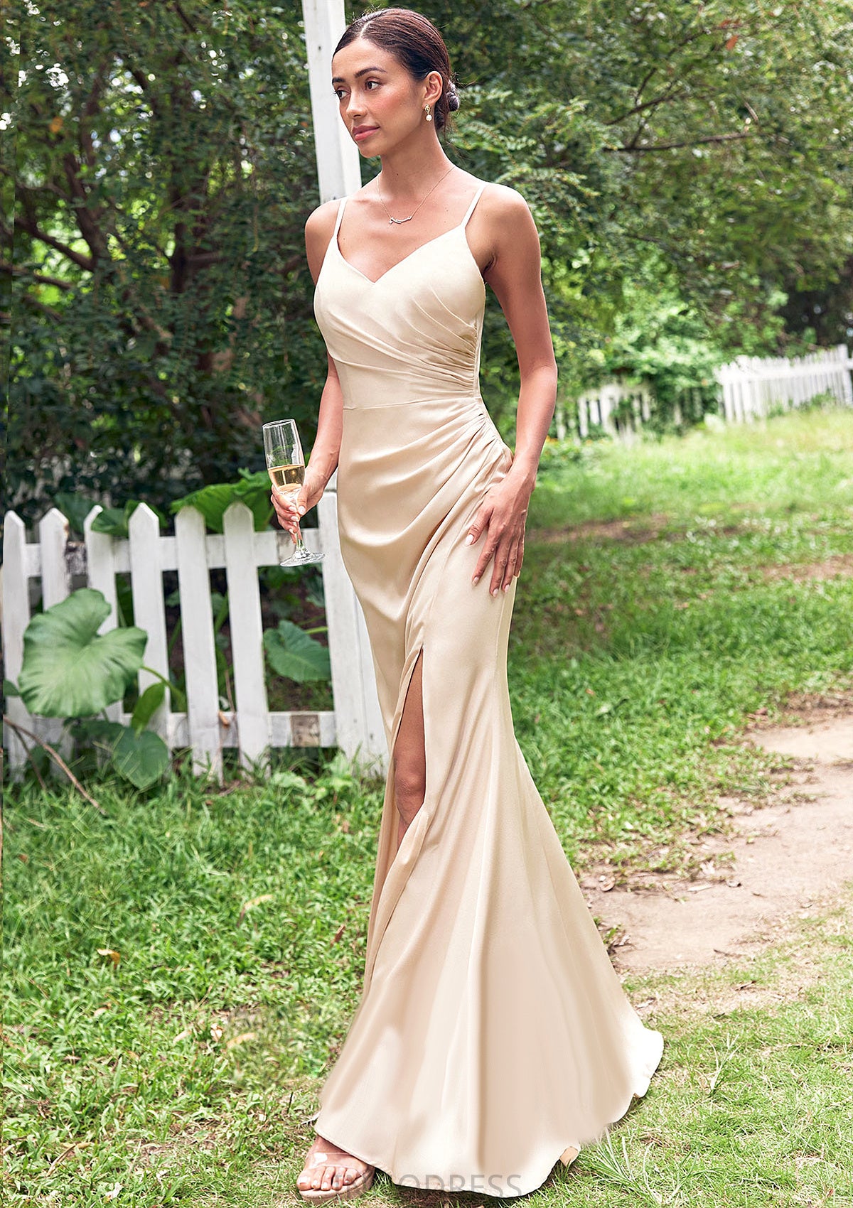 Sheath/Column V Neck Sleeveless Floor-Length Stretch Satin Bridesmaid Dresses with Pleated Split Diya DPP0025222